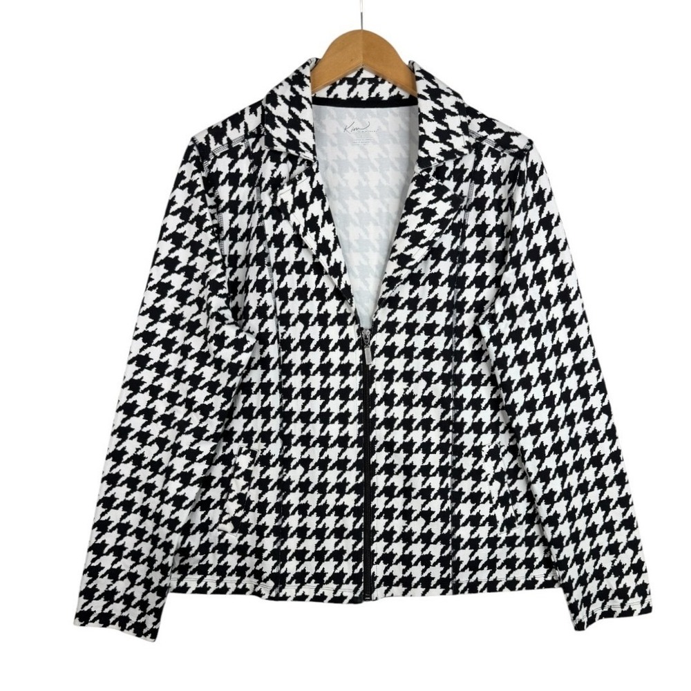 Kim Rogers Womens Houndstooth Blazer Jacket Half Zip Size Large Black White